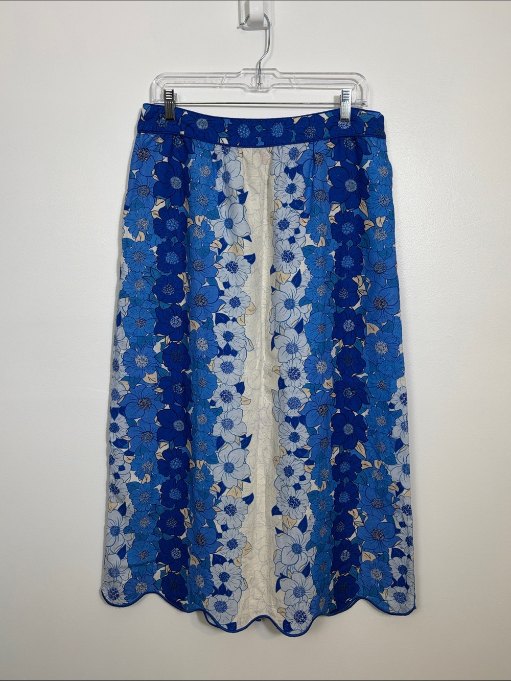 Farm Rio Blue Flower Stripes Linen Blend MIDI Skirt Women’s Large Scallop Hem